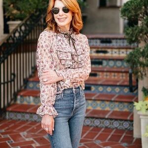 Zara Floral Lace Blouse Large Cropped Romantic Neck tie